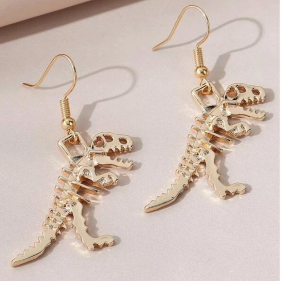 NEW Dinosaur Skeleton Yellow Gold‎ Alloy Drop Earrings - Picture 1 of 3